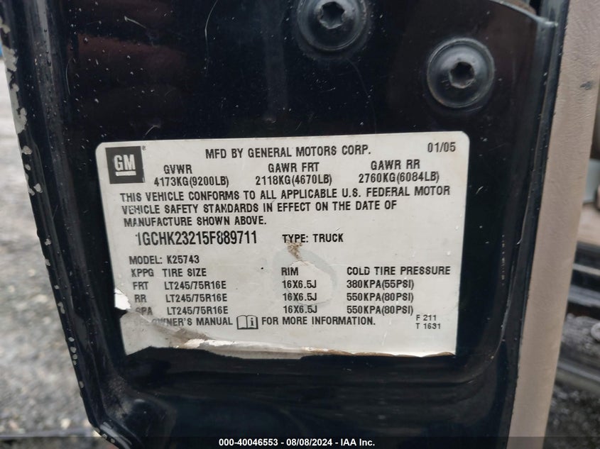 2005 Chevrolet Silverado 2500Hd Lt VIN: 1GCHK23215F889711 Lot: 40046553