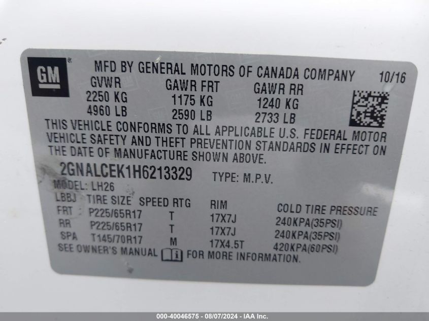 2GNALCEK1H6213329 2017 Chevrolet Equinox Lt