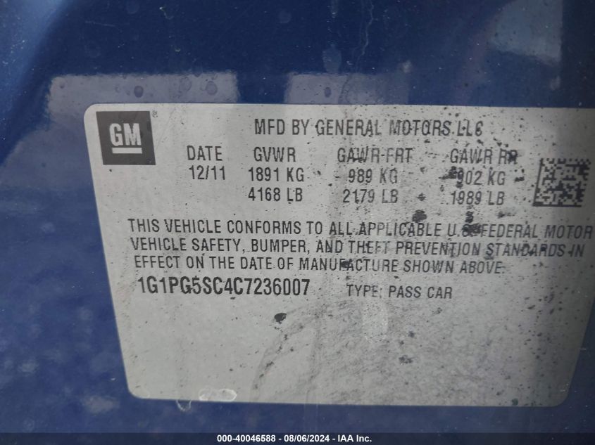 2012 Chevrolet Cruze 2Lt VIN: 1G1PG5SC4C7236007 Lot: 40046588