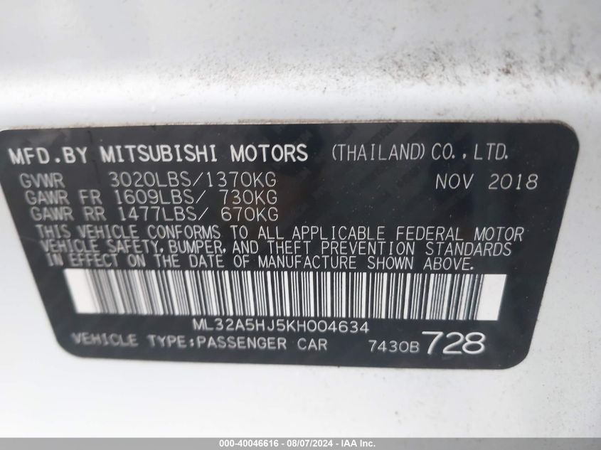 2019 Mitsubishi Mirage Le VIN: ML32A5HJ5KH004634 Lot: 40046616