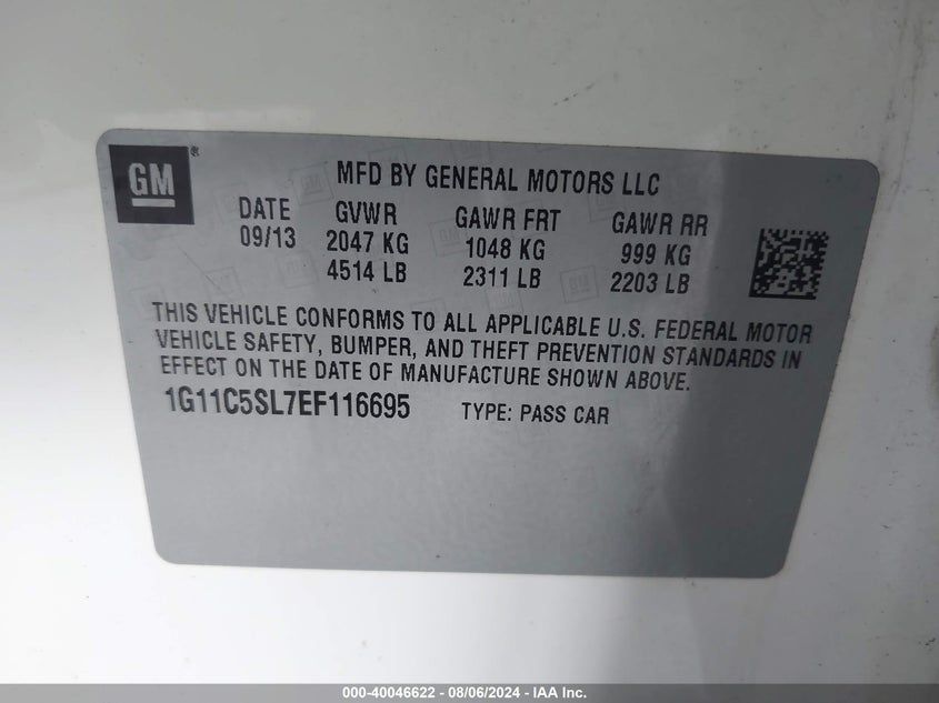 2014 Chevrolet Malibu 1Lt VIN: 1G11C5SL7EF116695 Lot: 40046622