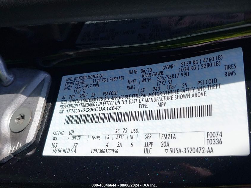 2014 Ford Escape Se VIN: 1FMCU0G96EUA14647 Lot: 40046644