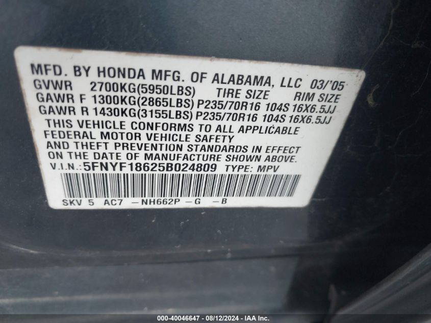 2005 Honda Pilot Ex-L VIN: 5FNYF18625B024809 Lot: 40046647