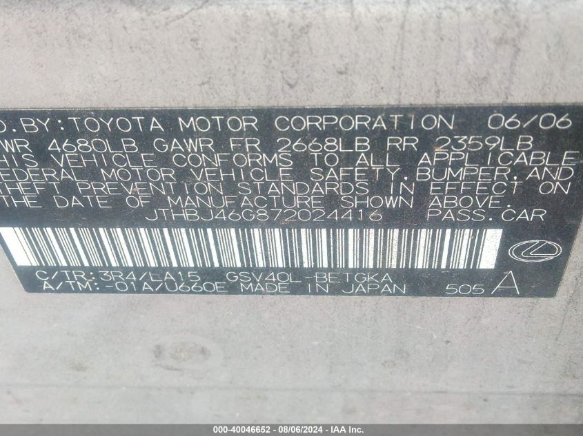 2007 Lexus Es 350 350 VIN: JTHBJ46G872024416 Lot: 40046652