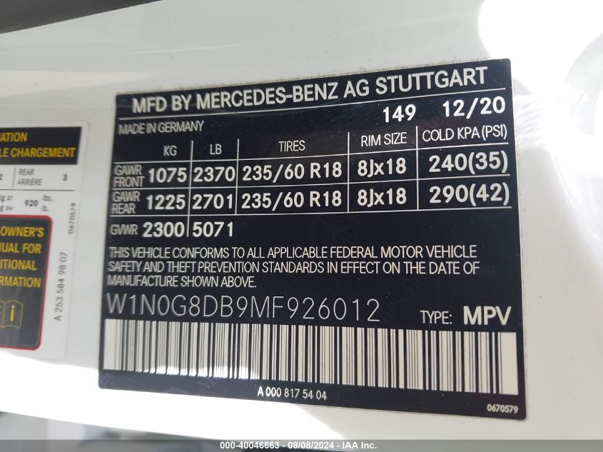 W1N0G8DB9MF926012 2021 Mercedes-Benz Glc 300 Suv