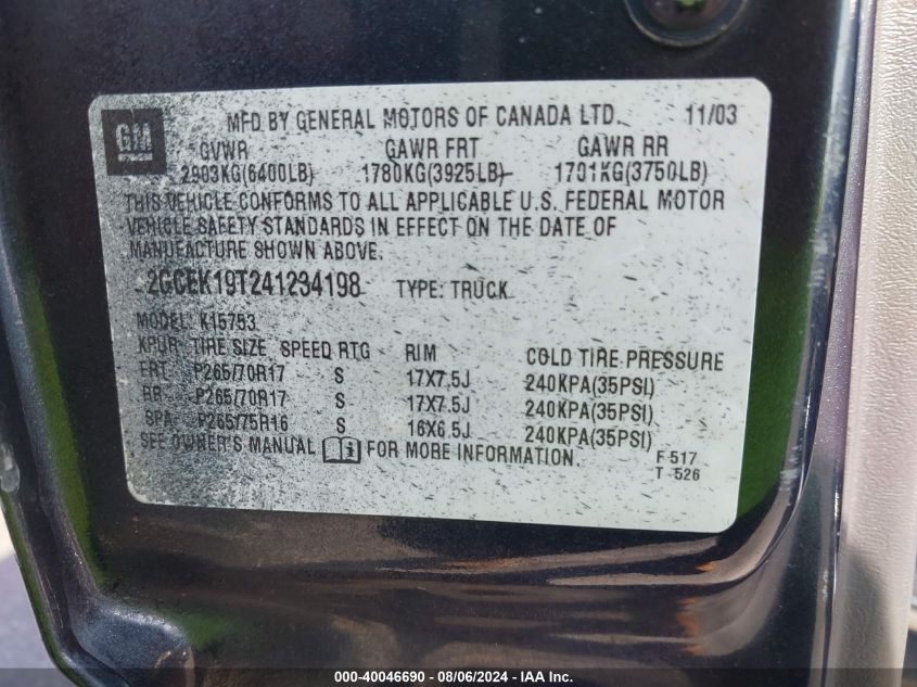 2004 Chevrolet Silverado 1500 Z71 VIN: 2GCEK19T241234198 Lot: 40046690