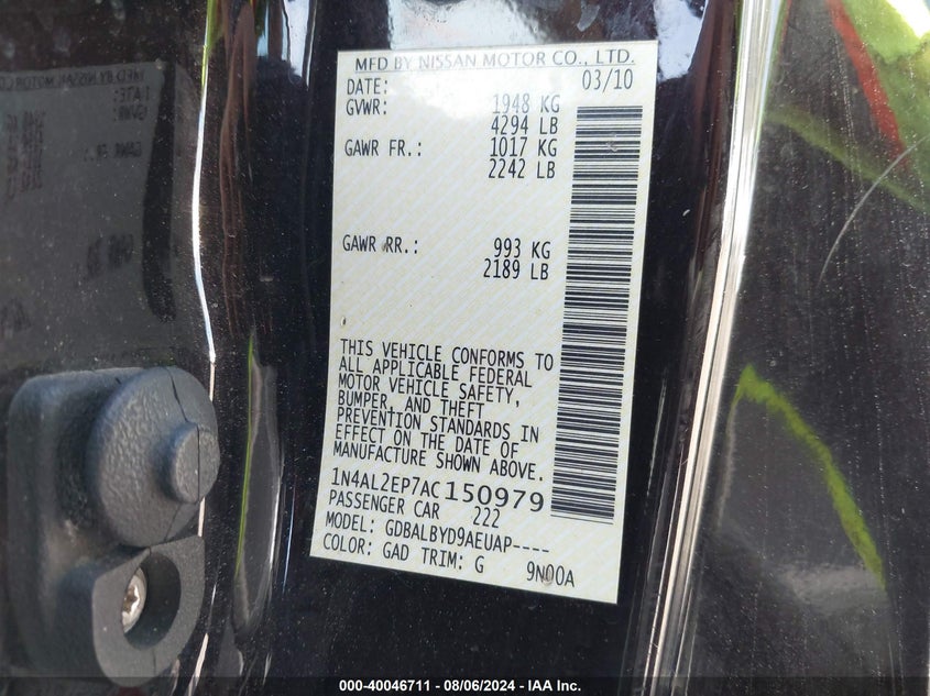 2010 Nissan Altima 2.5 S VIN: 1N4AL2EP7AC150979 Lot: 40046711