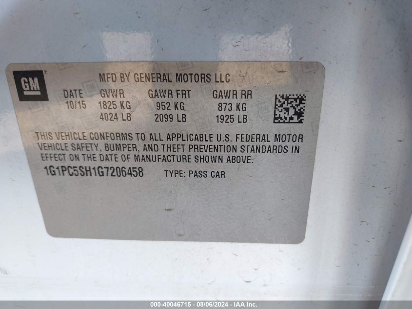 2016 Chevrolet Cruze Limited Ls Auto VIN: 1G1PC5SH1G7206458 Lot: 40046715