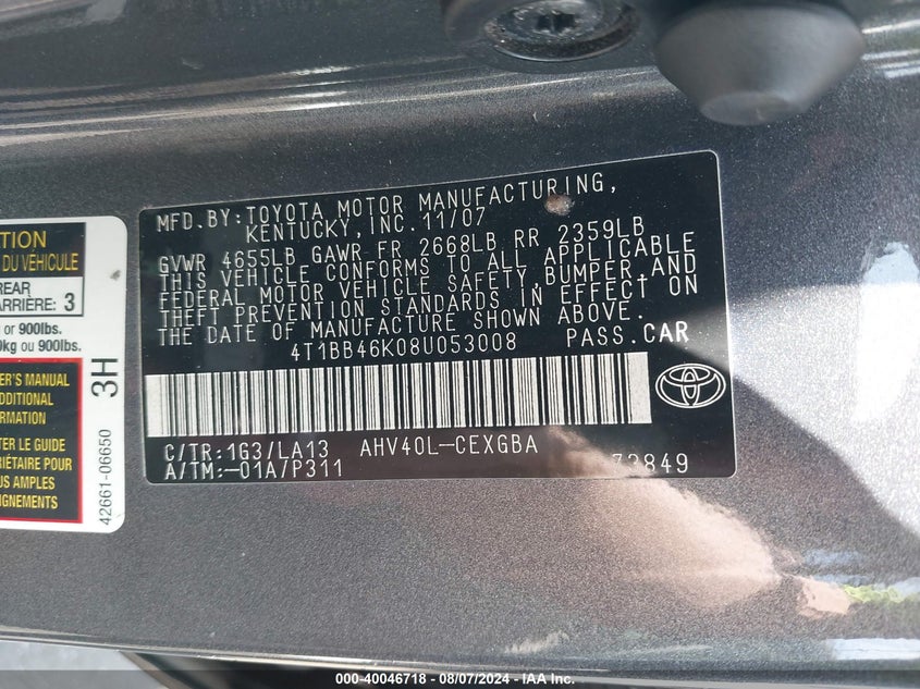 2008 Toyota Camry Hybrid VIN: 4T1BB46K08U053008 Lot: 40046718