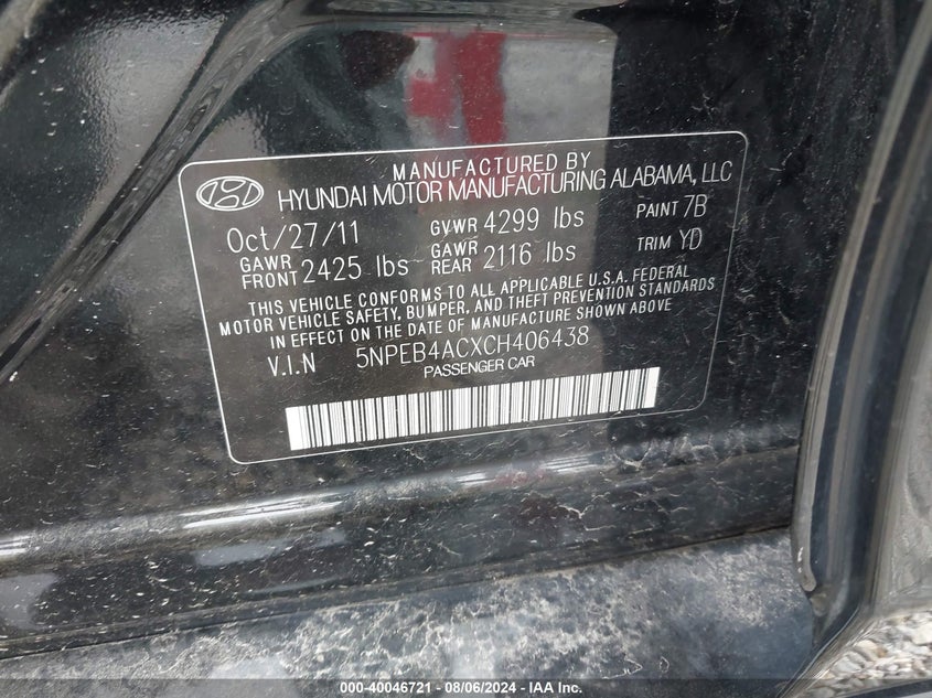 2012 Hyundai Sonata Gls VIN: 5NPEB4ACXCH406438 Lot: 40046721