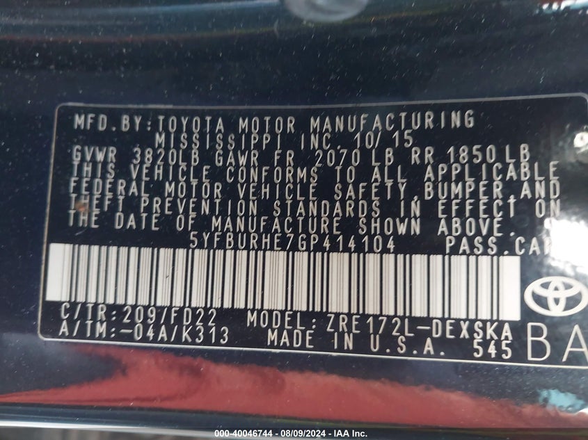 2016 TOYOTA COROLLA L/LE/LE PLUS/LE PREMIUM/S/S PLUS/S PREMIUM/S W/SPECIAL EDITION PKG - 5YFBURHE7GP414104