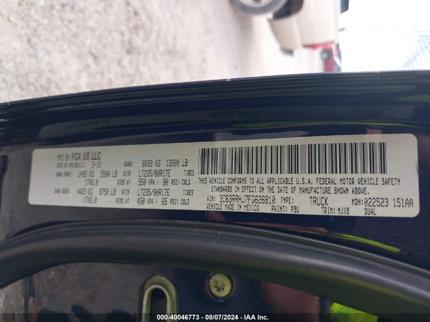 2015 Ram 3500 Slt VIN: 3C63RRHJ7FG626810 Lot: 40046773