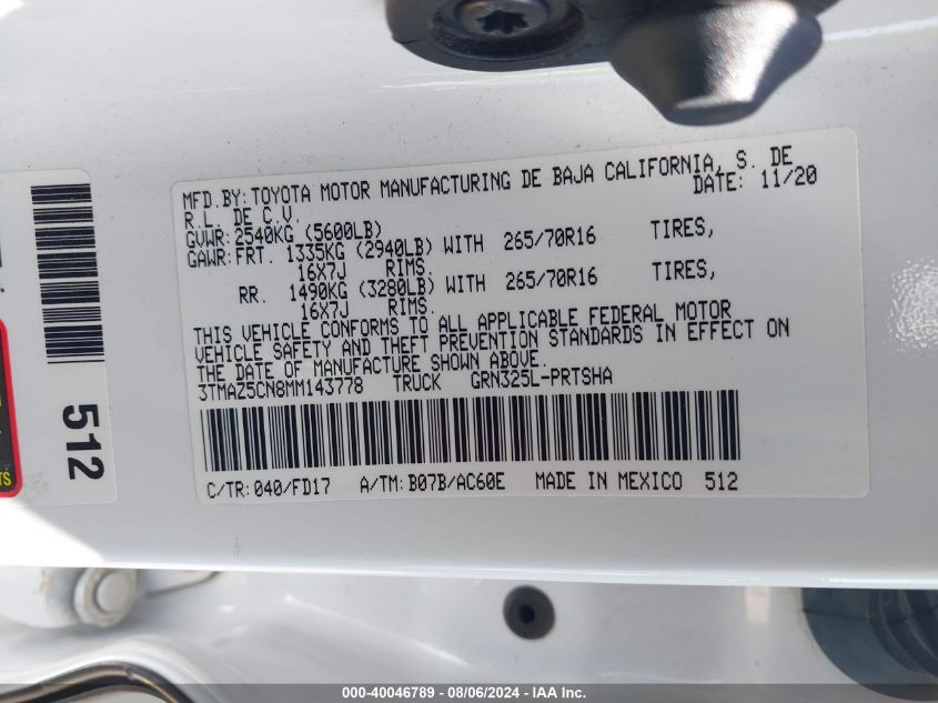 2021 Toyota Tacoma Double Cab/Sr5/Trd Sport/ VIN: 3TMAZ5CN8MM14377 Lot: 40046789