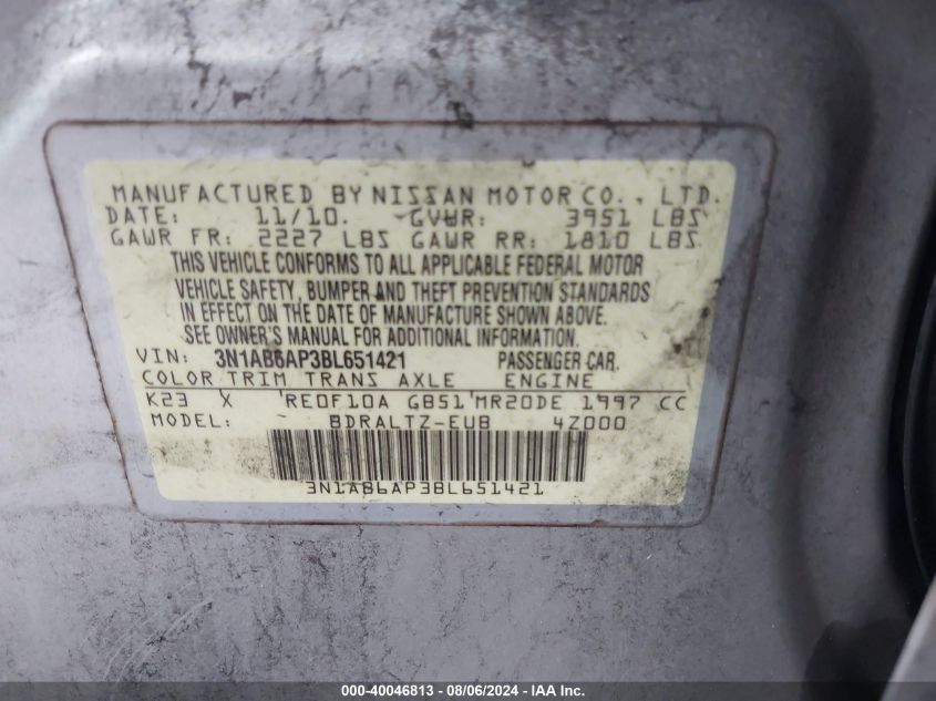 2011 Nissan Sentra 2.0Sr VIN: 3N1AB6AP3BL651421 Lot: 40046813