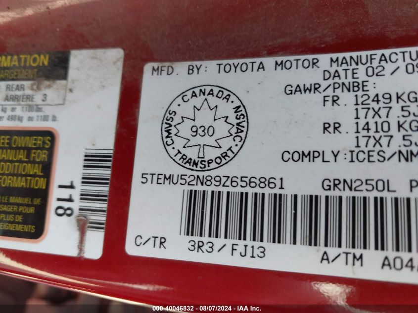 2009 Toyota Tacoma Double Cab Long Bed VIN: 5TEMU52N89Z656861 Lot: 40046832