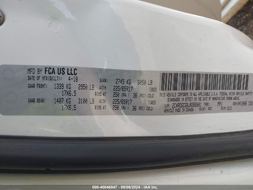 2018 Dodge Grand Caravan Sxt VIN: 2C4RDGCG8JR266001 Lot: 40046847