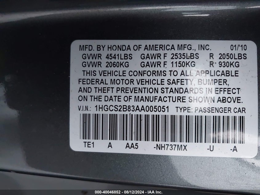 2010 Honda Accord 3.5 Ex-L VIN: 1HGCS2B83AA005051 Lot: 40046852