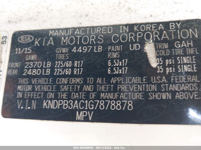 2016 Kia Sportage Lx VIN: KNDPB3AC1G7878878 Lot: 40046905