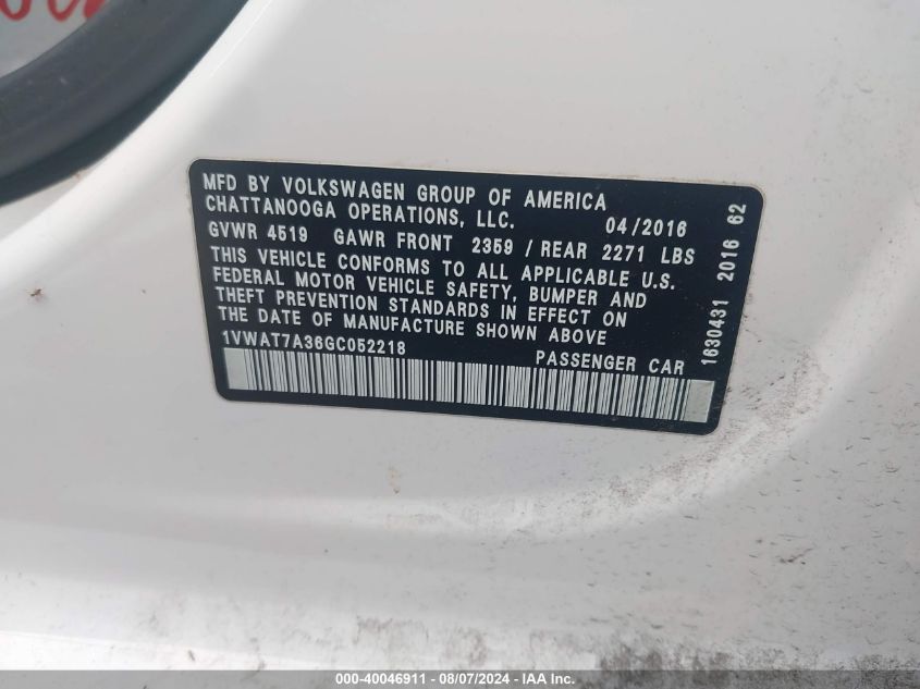 2016 Volkswagen Passat S/R-Line VIN: 1VWAT7A36GC052218 Lot: 40046911