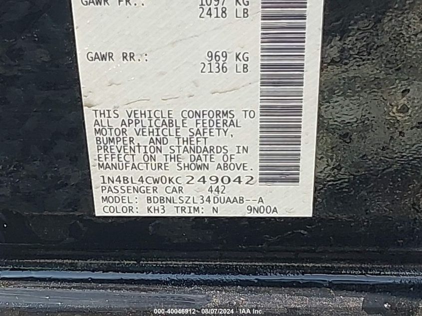 1N4BL4CW0KC249042 2019 Nissan Altima 2.5 Sr