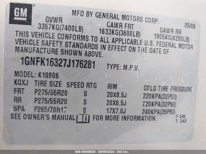 2007 Chevrolet Suburban K1500 VIN: 1GNFK16327J176281 Lot: 40046928