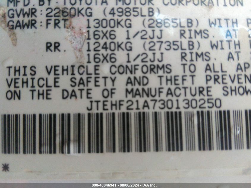 2003 Toyota Highlander Limited V6 VIN: JTEHF21A730130250 Lot: 40046941