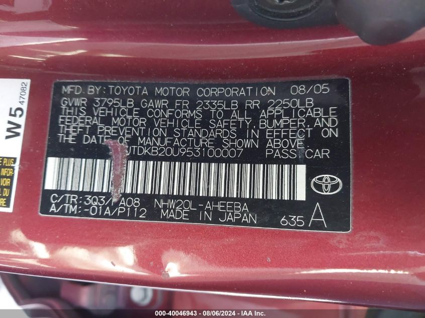 2005 Toyota Prius VIN: JTDKB20U953100007 Lot: 40046943