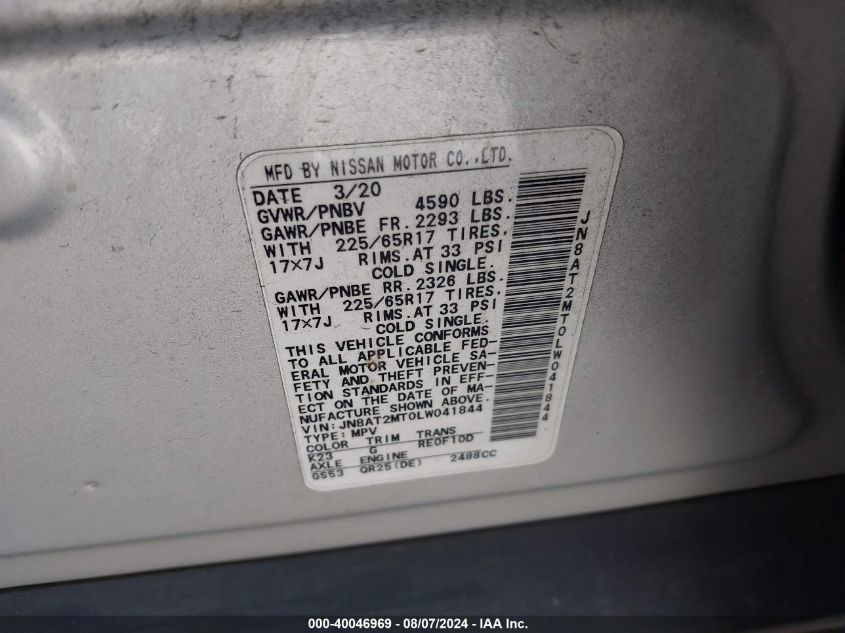 VIN JN8AT2MT0LW041844 2020 NISSAN ROGUE S FWD