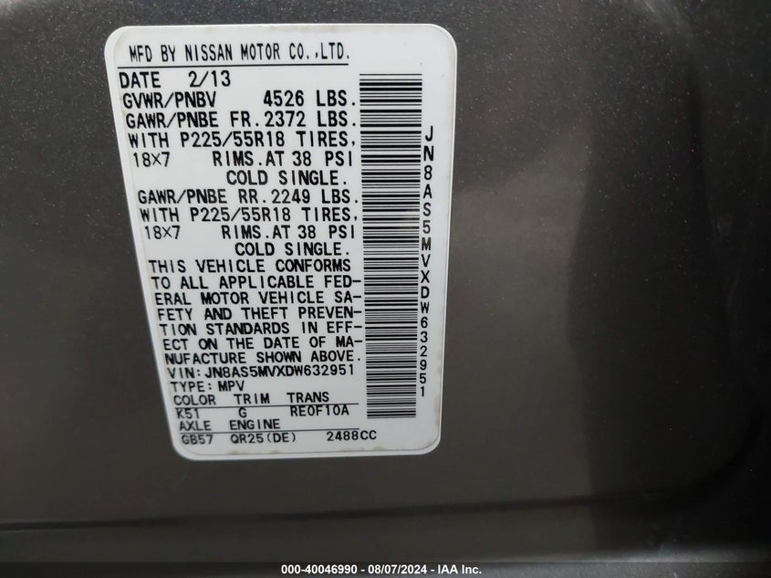 2013 Nissan Rogue Sv W/Sl Pkg VIN: JN8AS5MVXDW632951 Lot: 40046990