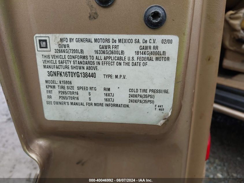 2000 Chevrolet Suburban 1500 Lt VIN: 3GNFK16T0YG138440 Lot: 40046992