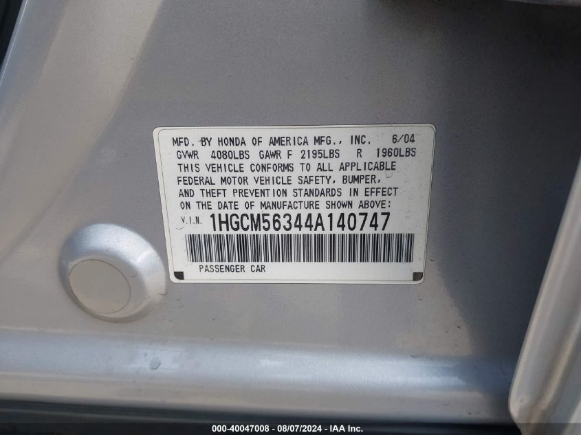 2004 Honda Accord 2.4 Lx VIN: 1HGCM56344A140747 Lot: 40047008