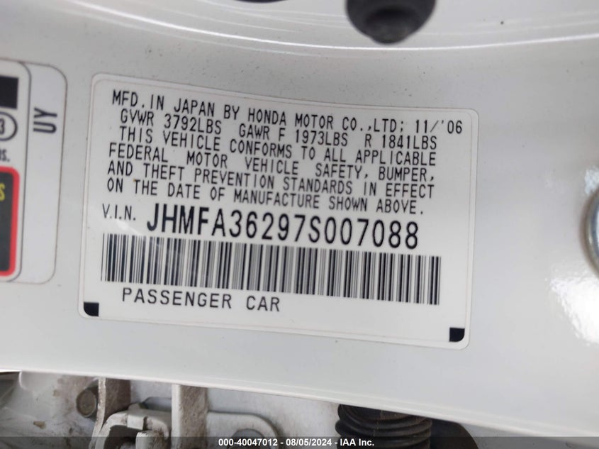 2007 Honda Civic Hybrid VIN: JHMFA36297S007088 Lot: 40047012