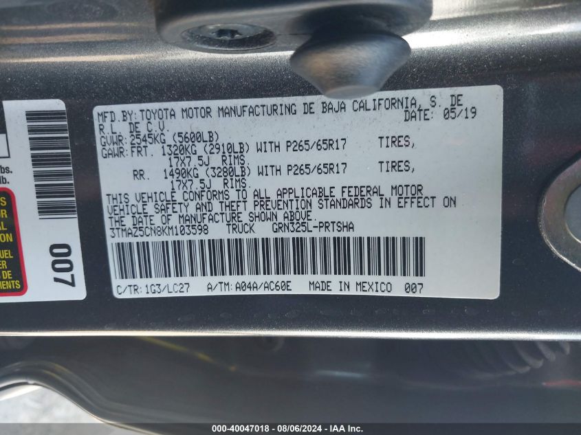 2019 Toyota Tacoma Double Cab/Sr5/Trd Sport/ VIN: 3TMAZ5CN8KM10359 Lot: 40047018