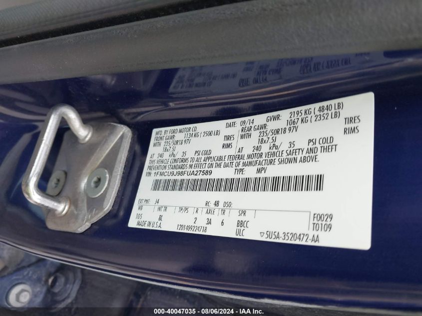 2015 Ford Escape Titanium VIN: 1FMCU9J98FUA27589 Lot: 40047035