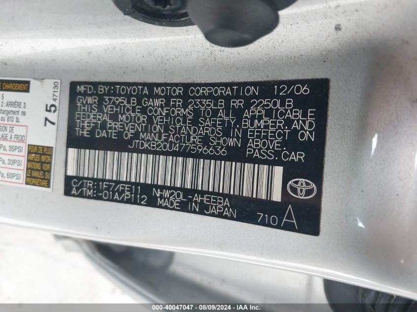 2007 Toyota Prius VIN: JTDKB20U477596636 Lot: 40047047