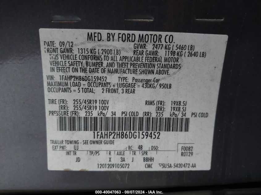 2013 Ford Taurus Sel VIN: 1FAHP2H86DG159452 Lot: 40047063