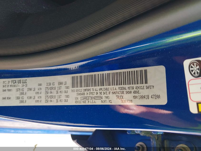 2019 Ram 1500 Big Horn/Lone Star Quad Cab 4X2 6'4 Box VIN: 1C6RREBT9KN655594 Lot: 40047104
