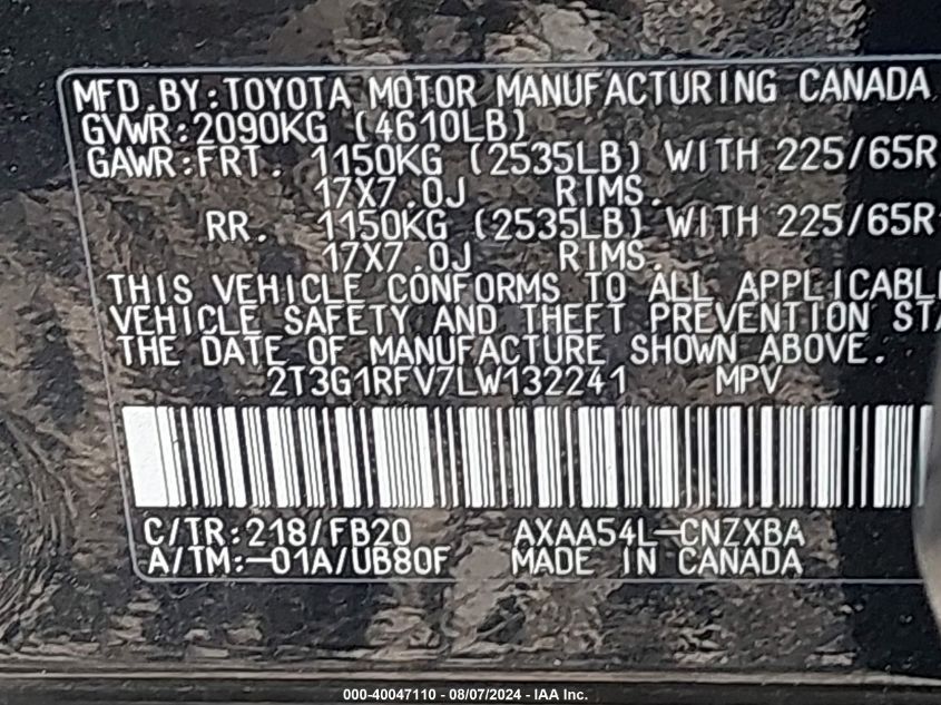 2020 Toyota Rav4 Le VIN: 2T3G1RFV7LW132241 Lot: 40047110