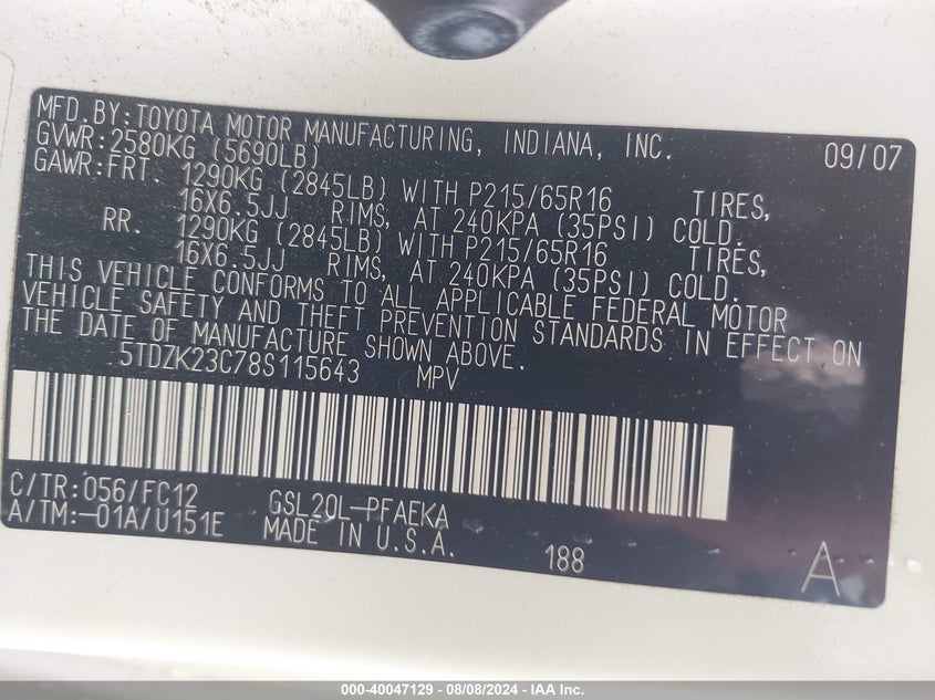 2008 Toyota Sienna Le VIN: 5TDZK23C78S115643 Lot: 40047129