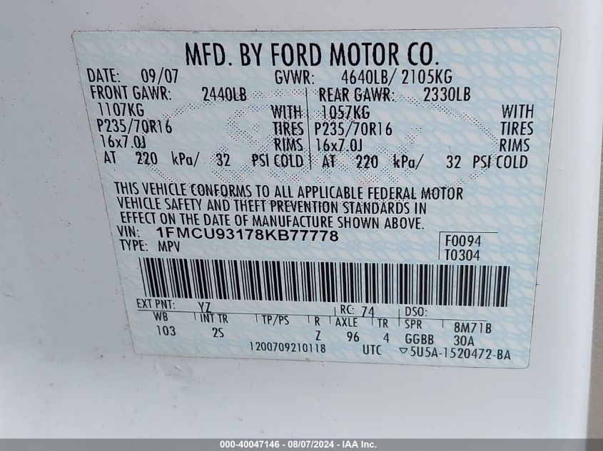 2008 Ford Escape Xlt VIN: 1FMCU93178KB77778 Lot: 40047146