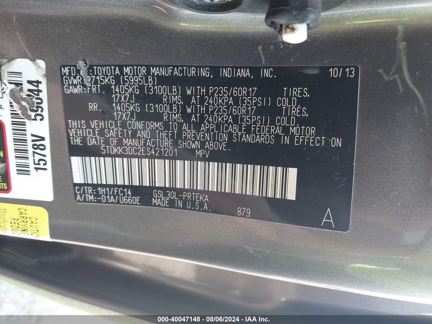 2014 Toyota Sienna Le VIN: 5TDKK3DC2ES421201 Lot: 40047148