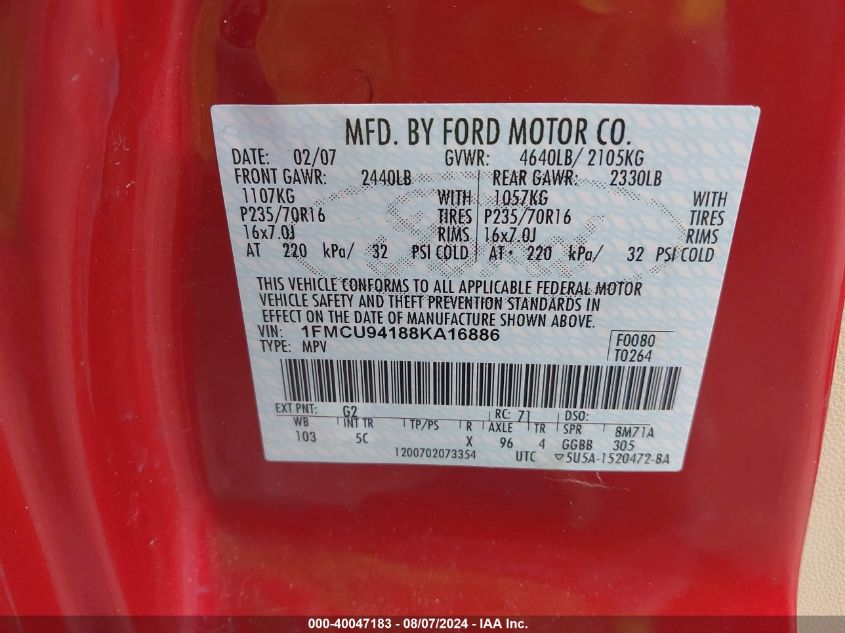 2008 Ford Escape Limited VIN: 1FMCU94188KA16886 Lot: 40047183