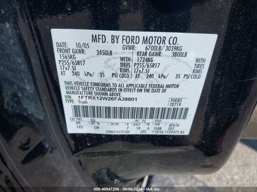 2006 Ford F-150 Stx/Xl/Xlt VIN: 1FTRX12W26FA38801 Lot: 40047206