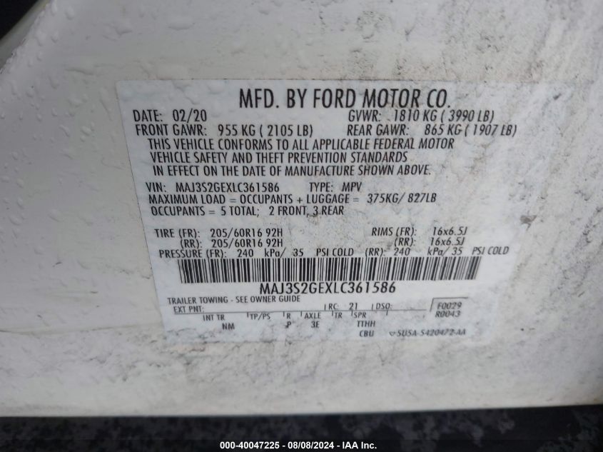 2020 Ford Ecosport Se VIN: MAJ3S2GEXLC361586 Lot: 40047225