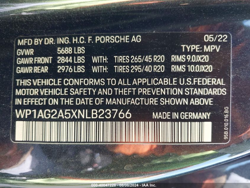 2022 Porsche Macan S VIN: WP1AG2A5XNLB23766 Lot: 40047228