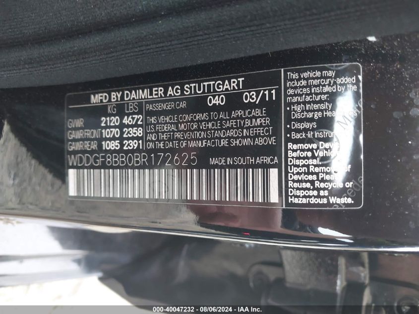 2011 Mercedes-Benz C-Class C 300 VIN: WDDGF8BB0BR172625 Lot: 40047232