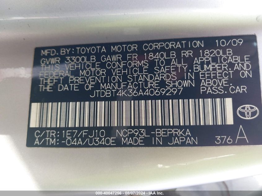2010 Toyota Yaris VIN: JTDBT4K36A4069297 Lot: 40047256