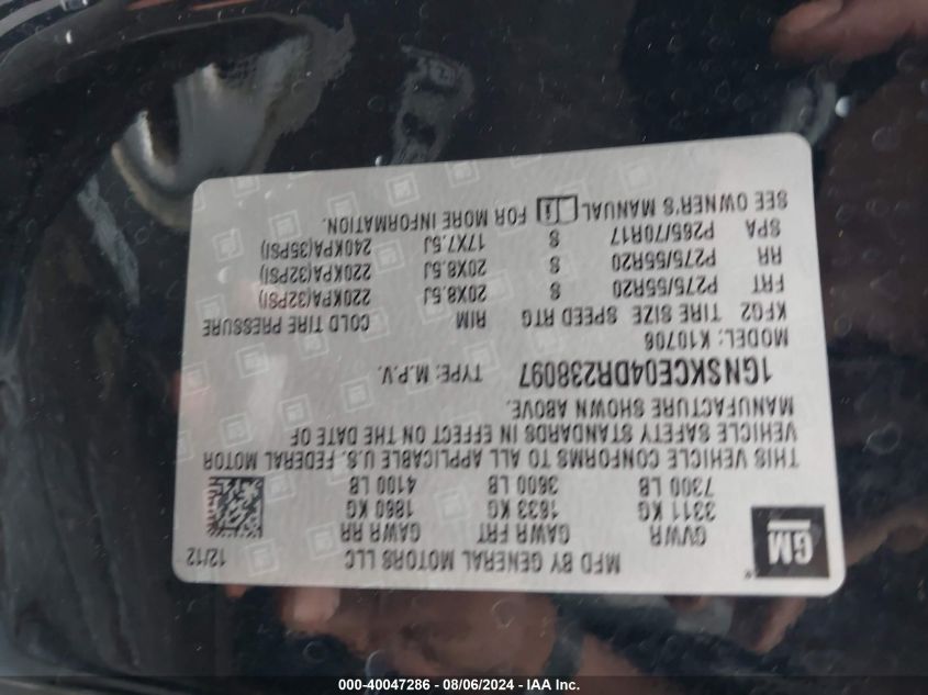 2013 Chevrolet Tahoe Ltz VIN: 1GNSKCE04DR238097 Lot: 40047286