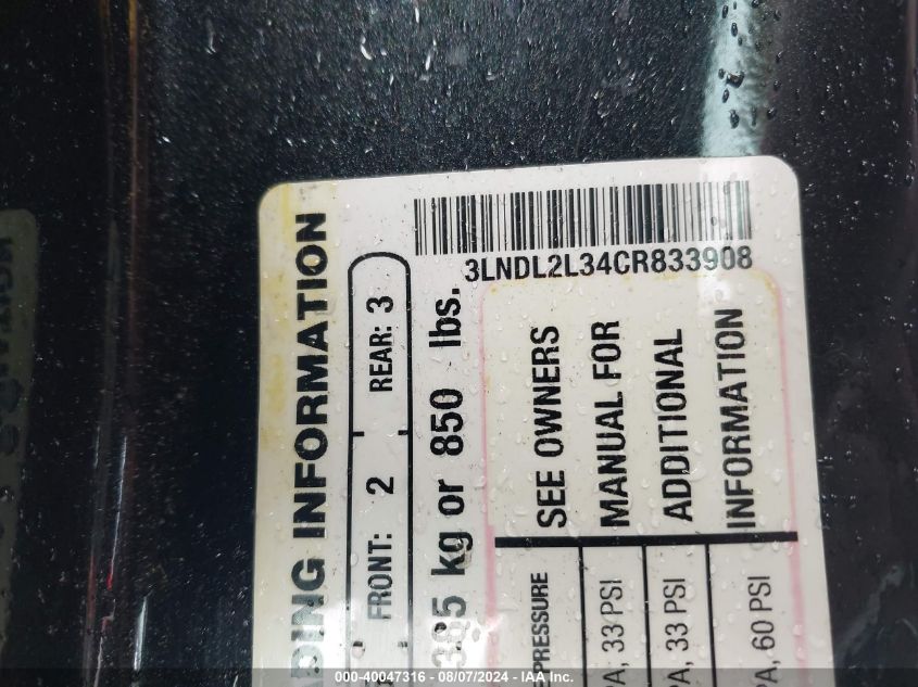 2012 Lincoln Mkz Hybrid VIN: 3LNDL2L34CR833908 Lot: 40047316