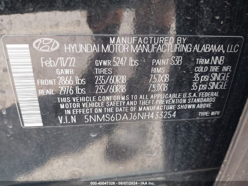 2022 Hyundai Santa Fe Xrt VIN: 5NMS6DAJ6NH433254 Lot: 40047326